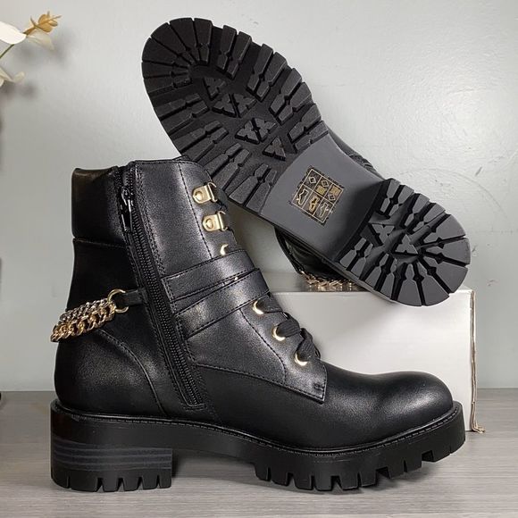Rachel Zoe Combat Boots with chunky heel and gold & silver chain accents, Black - Picture 5 of 6